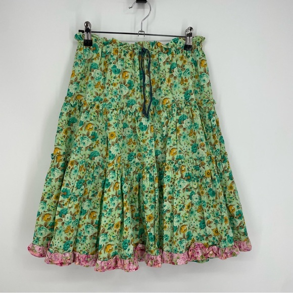 Betty’s blue Yellow Floral Boho Tiered Ruffle Hem‎ midi Skirt Size Small green - Picture 1 of 9
